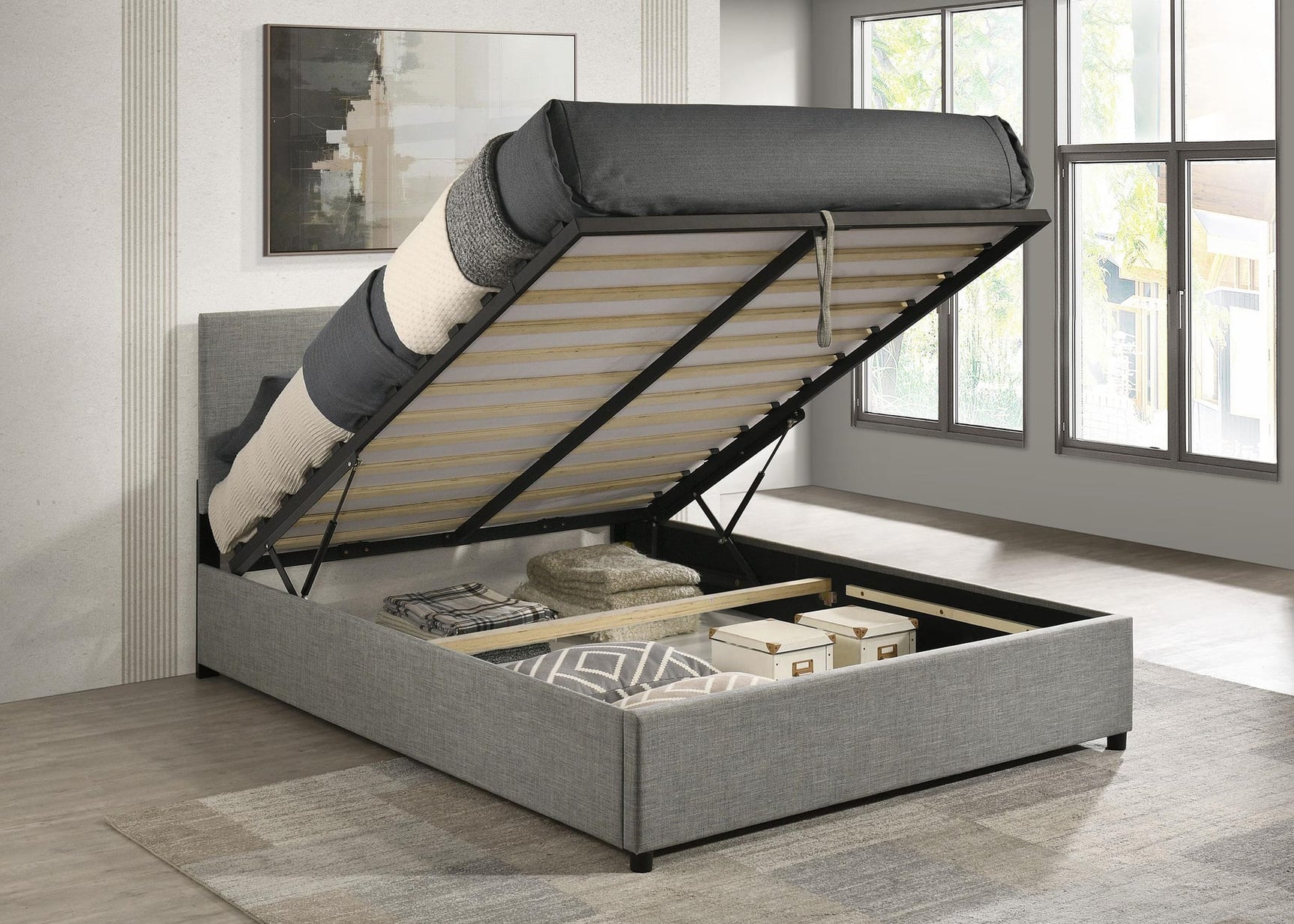 Reeves Upholstered Queen Lift-Top Storage Platform Bed Grey view 3
