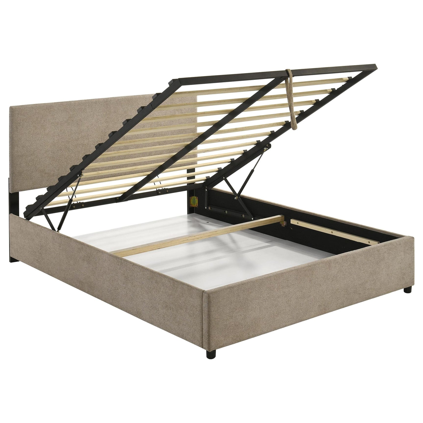 Reeves Upholstered Queen Lift-Top Storage Platform Bed Tan from Decor Furniture