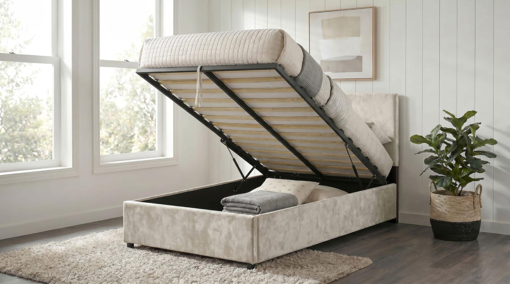 Reeves Upholstered Twin Lift-Top Storage Platform Bed Beige view 3