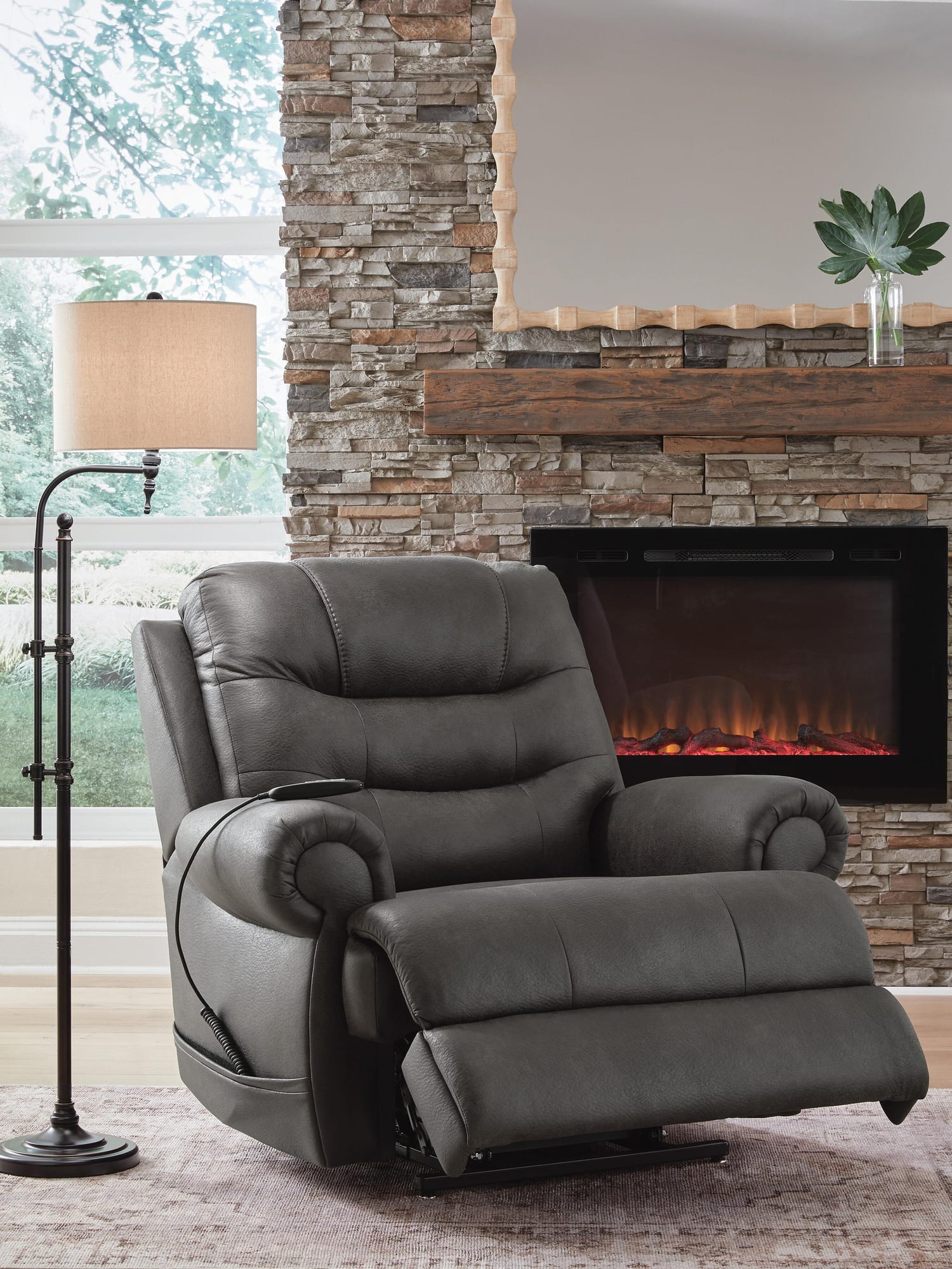 Revived and Restored Granite Faux Leather Power Lift Recliner angled view