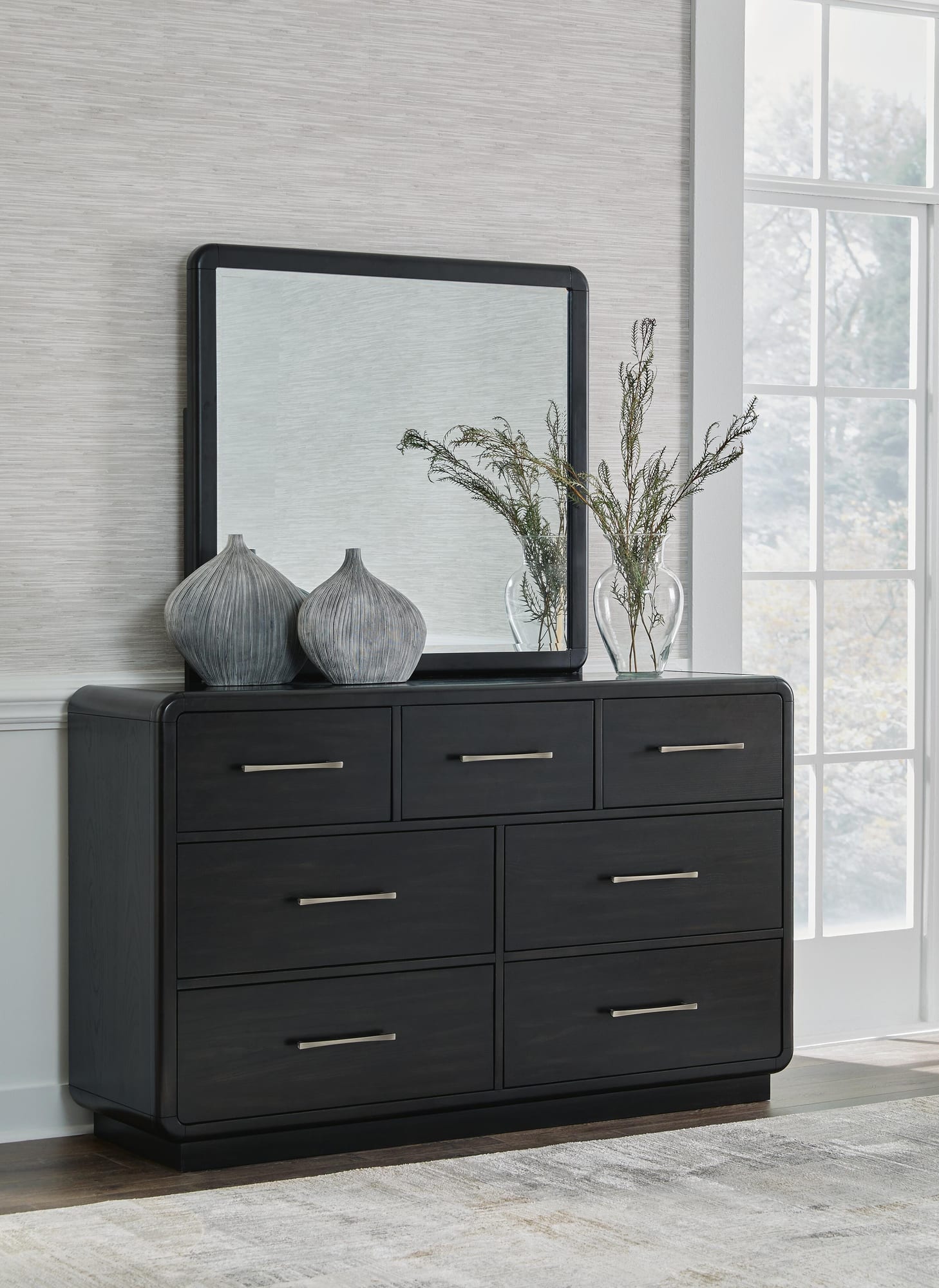 Rowanbeck Gray/Black Upholstered Panel Bedroom Set King 4: Bed, Dresser, Mirror, Chest from Decor Furniture