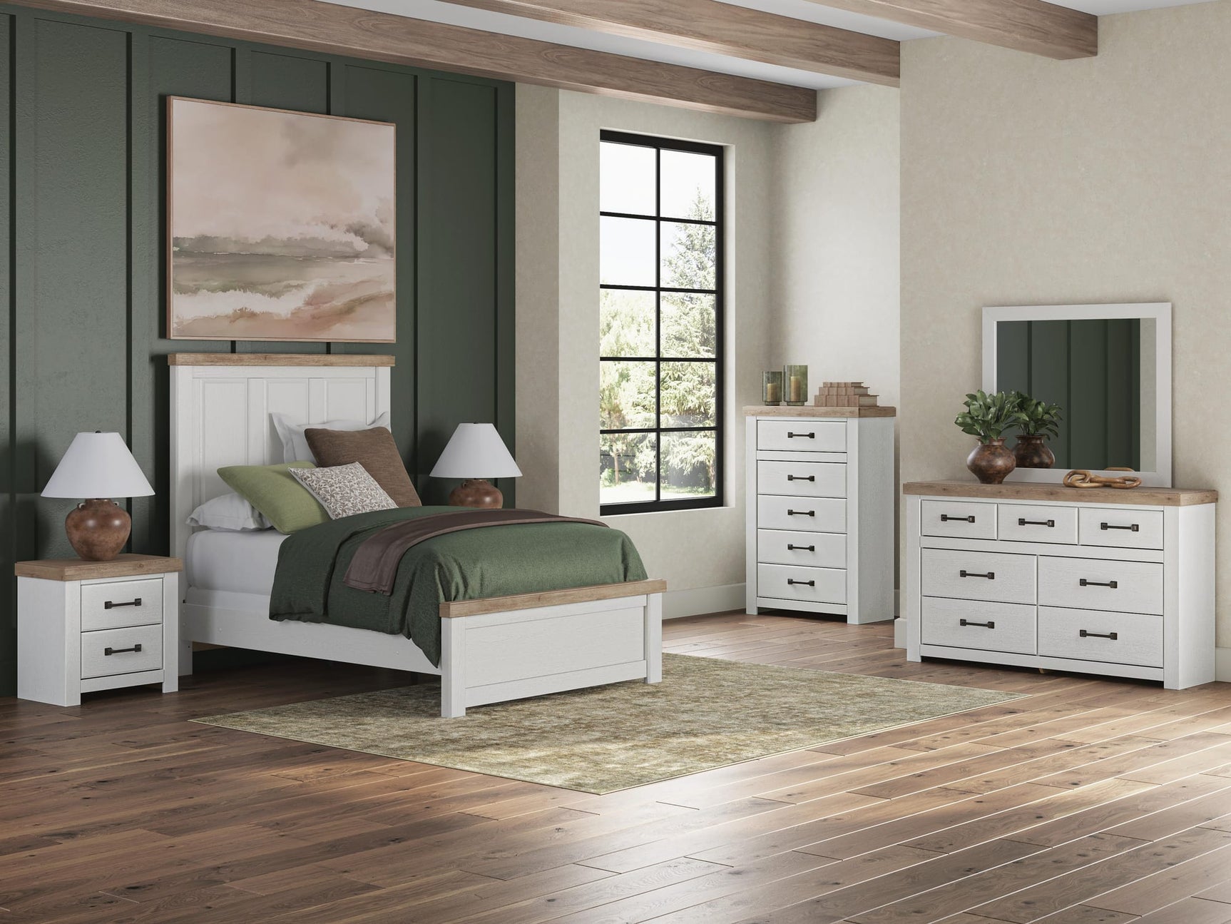 Savonport White/Brown Panel Bedroom Set Full 5: Bed, Dresser, Mirror, Chest, NightStand from Decor Furniture