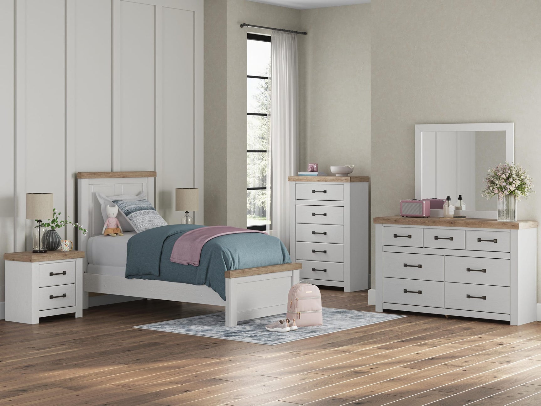 Savonport White/Brown Panel Bedroom Set Twin 5: Bed, Dresser, Mirror, Chest, NightStand from Decor Furniture