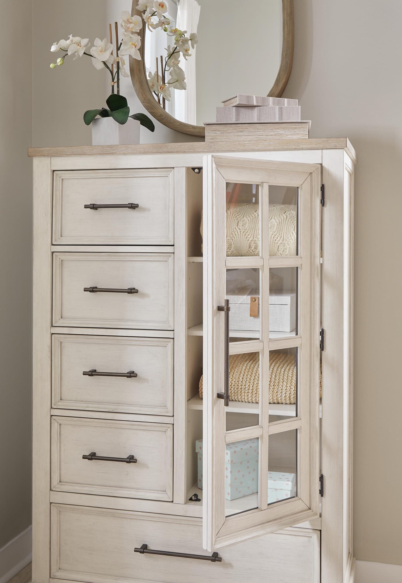 Shaybrock Antique White Panel Bedroom Set Queen 4: Bed, Dresser, Mirror, Chest from Decor Furniture