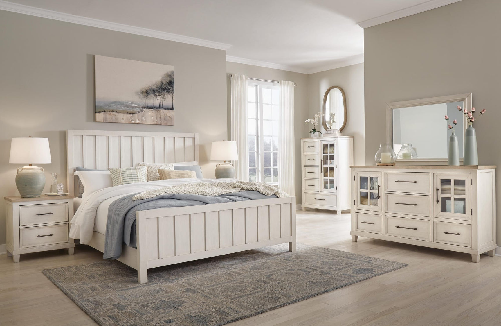 Shaybrock Antique White Panel Bedroom Set King 3: Bed, Dresser, Mirror from Decor Furniture