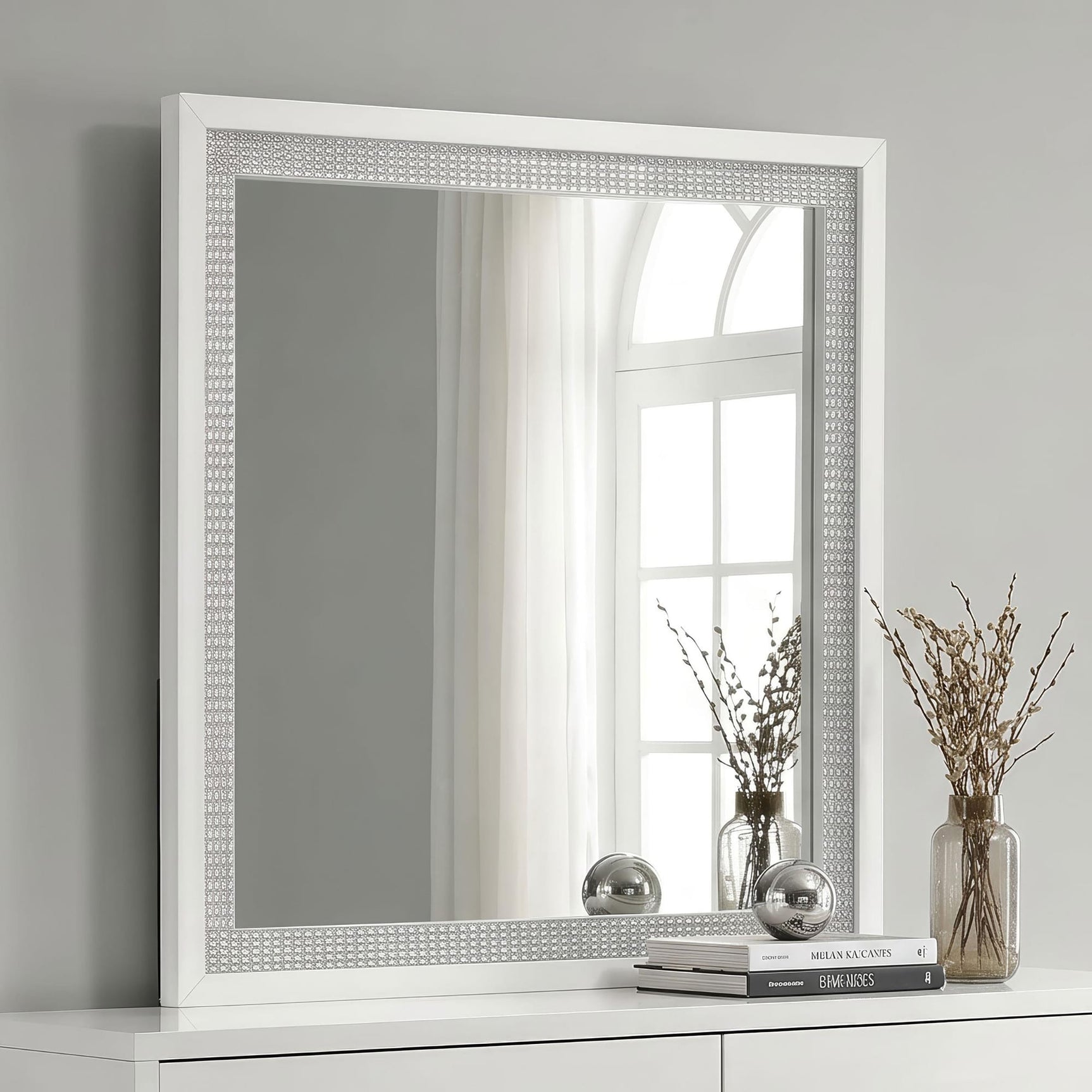 Viana Square Beveled Dresser Mirror with Faceted Trim White High Gloss view 2