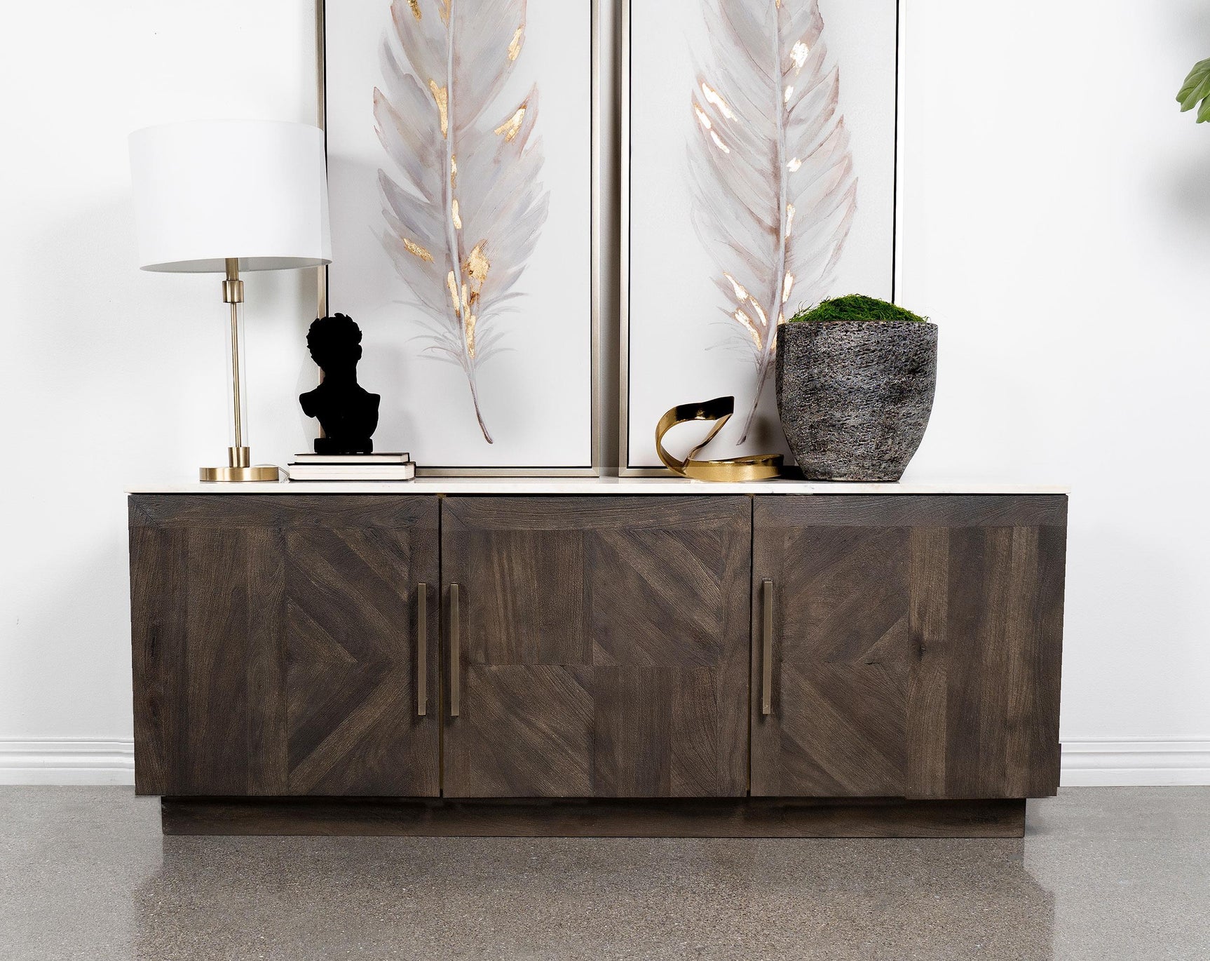 Side angle of Dennis 3-door sideboard with marble top