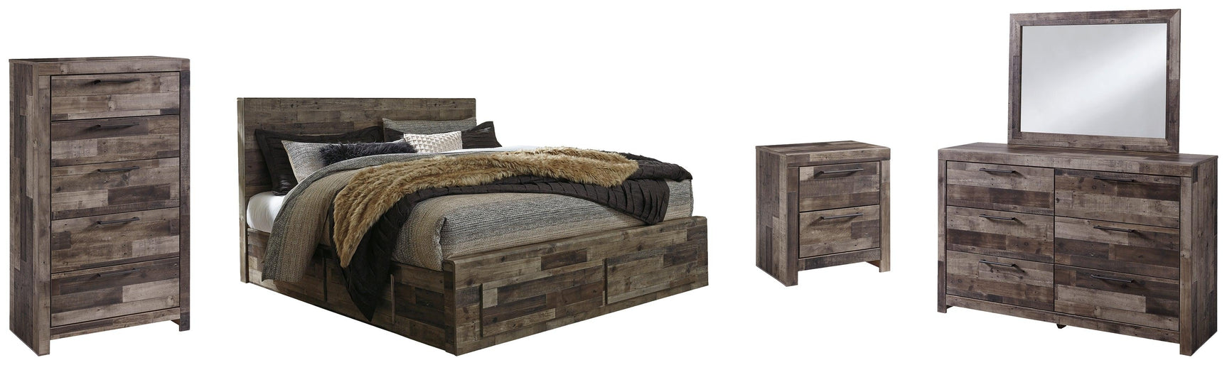 Side angle of Derekson Multi Gray Panel Storage Bedroom Set bed