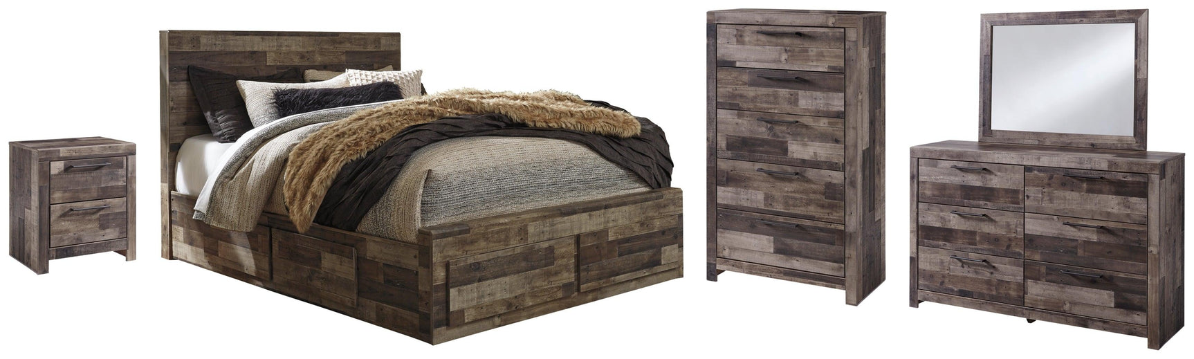 Side view of Derekson Multi Gray Panel 6 Storage Bedroom Set bed