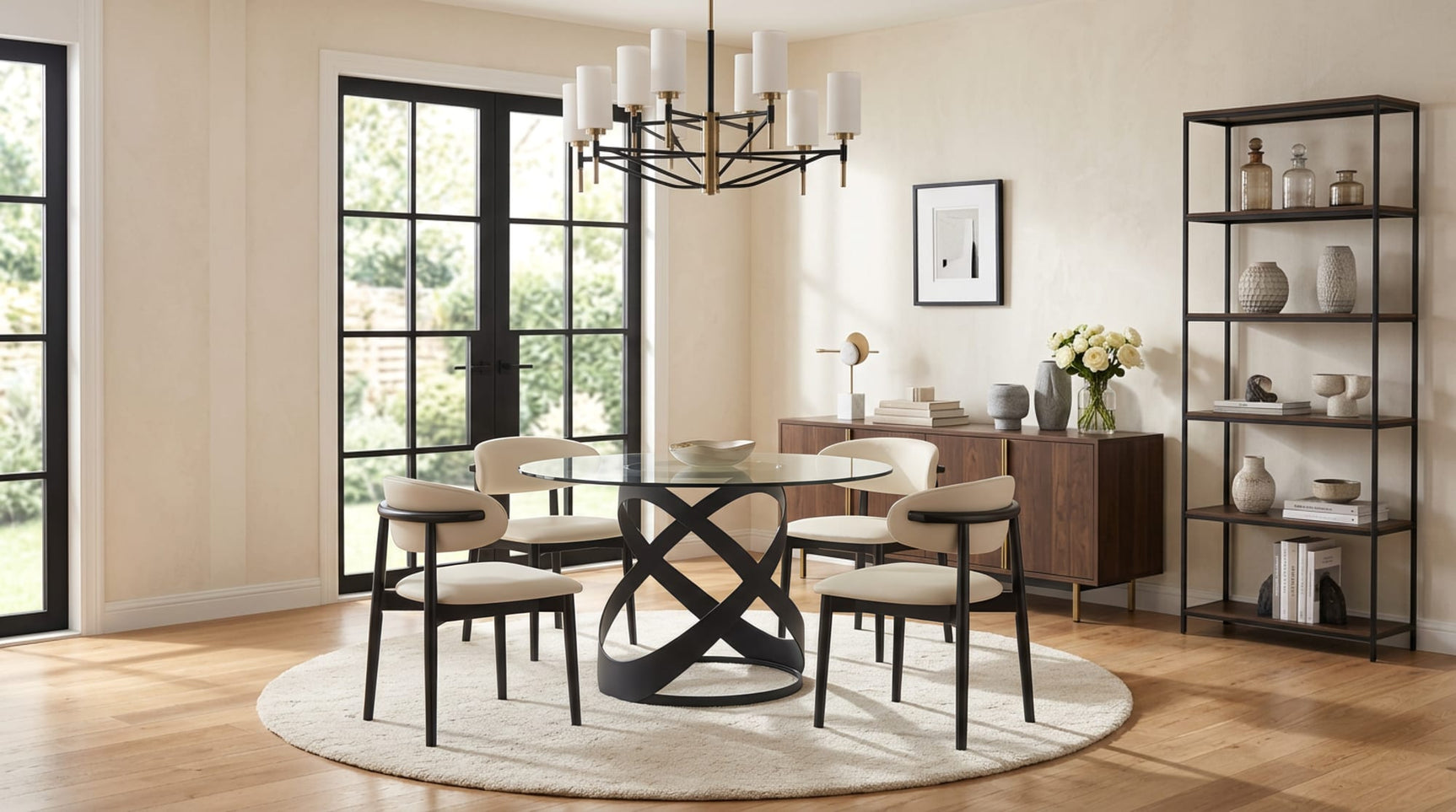 Dimi 5-Piece Dining Set with Clear Glass Table and Black Iron Infinity Base from Decor Furniture