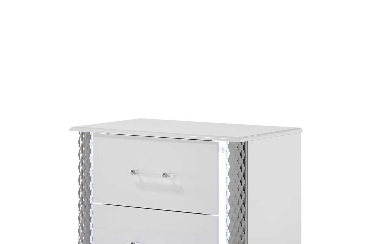 Side view of Dina White LED Upholstered Storage Platform Bedroom Set bed