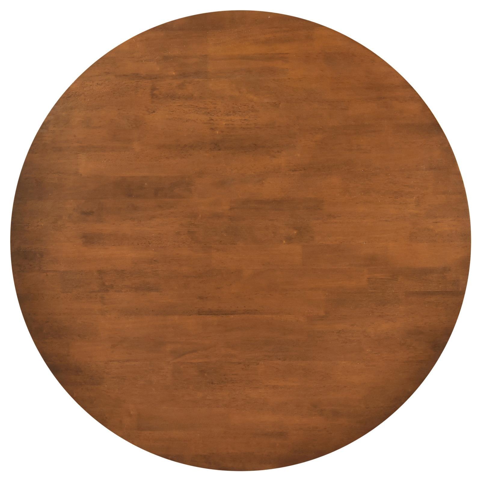 Close-up of walnut finish on Dinah round solid wood dining table