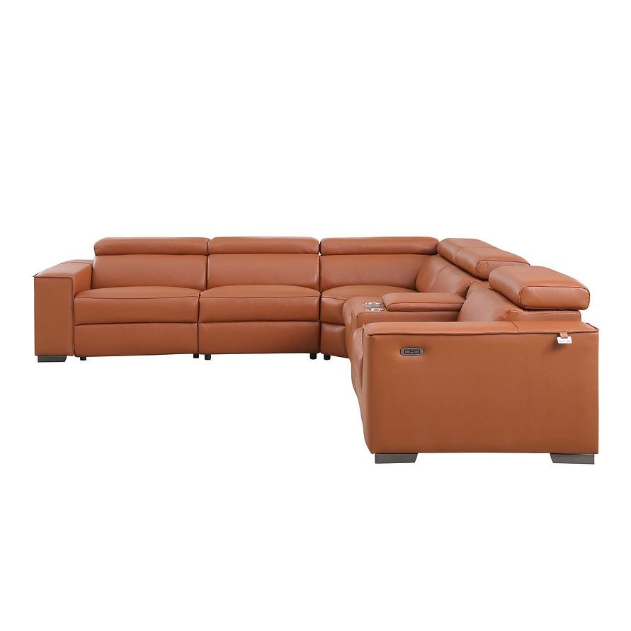 Console piece with cupholders and storage in Carmel leather sectional