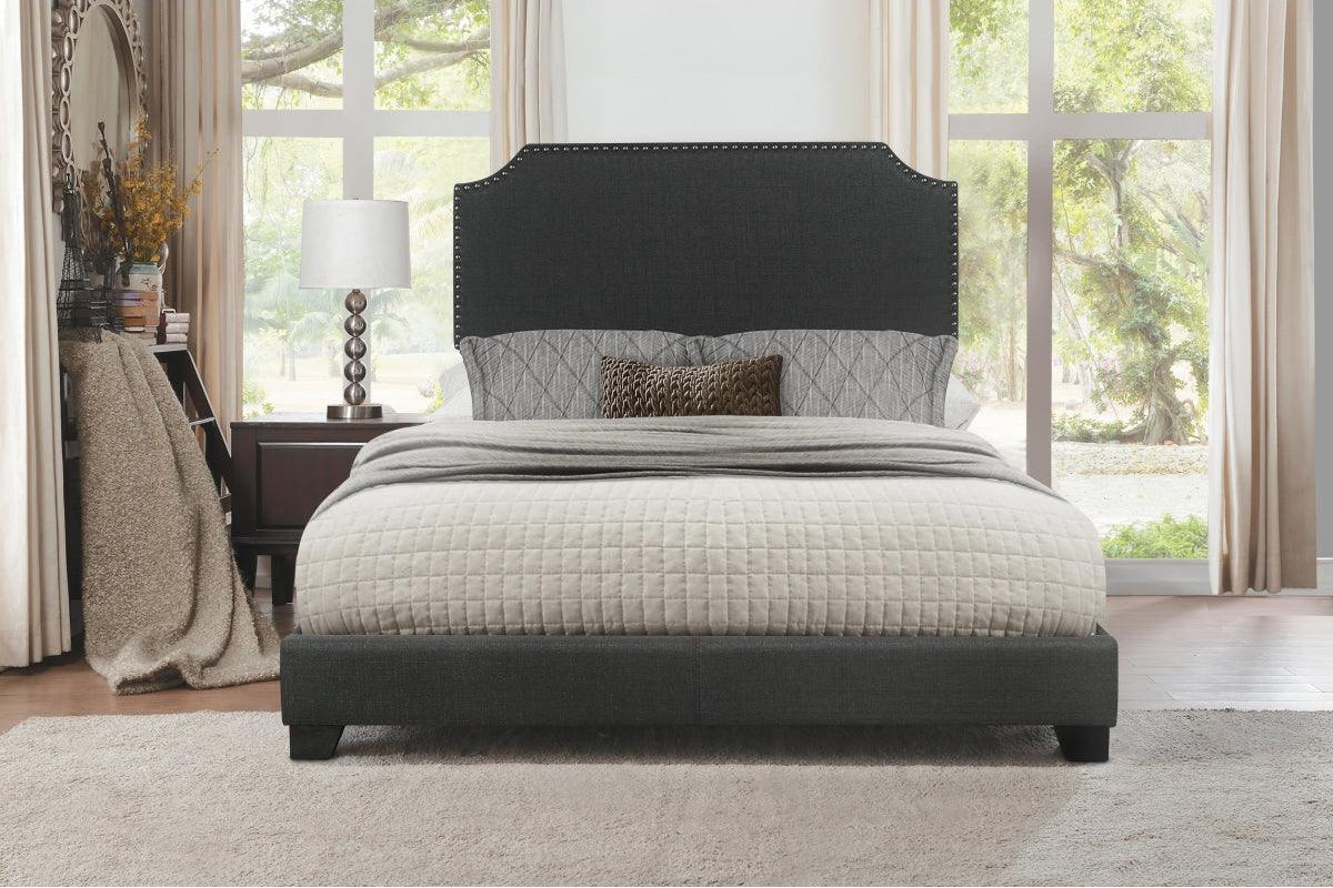 Front view of Miranda Dark Gray Queen Upholstered Bed showing fabric headboard