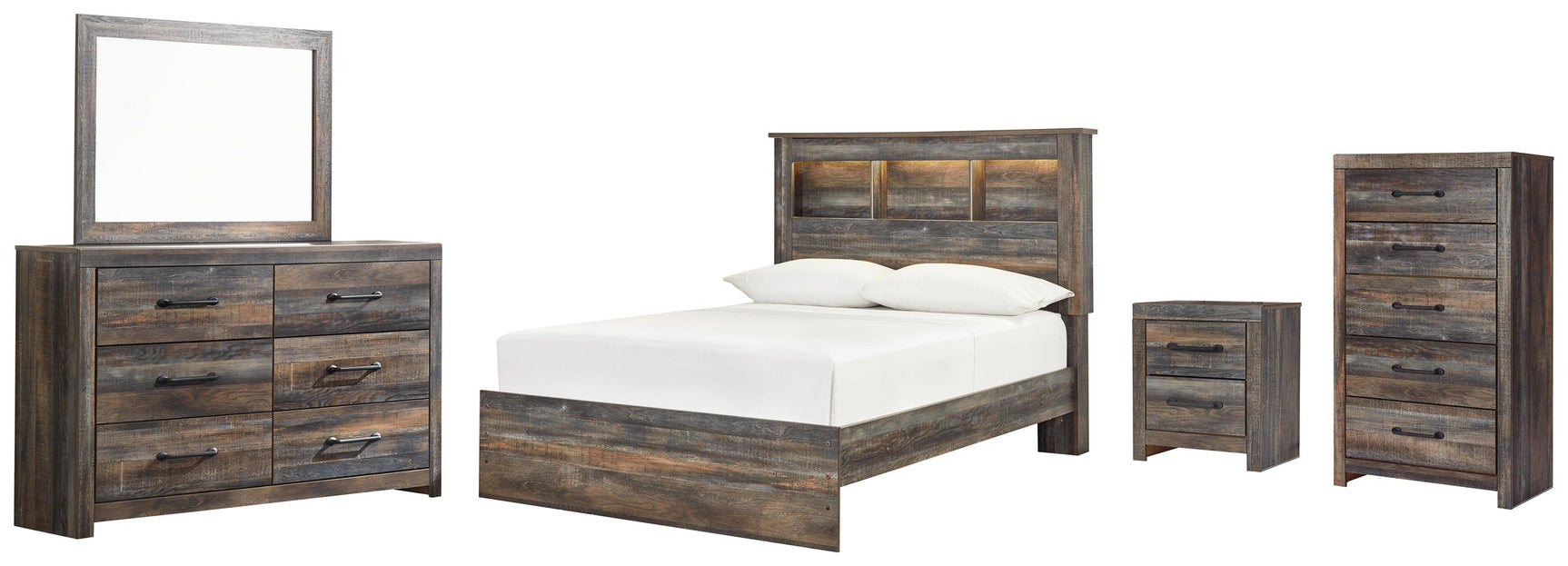Side view of Drystan Multi Bookcase Bedroom Set bed displaying bookcase headboard