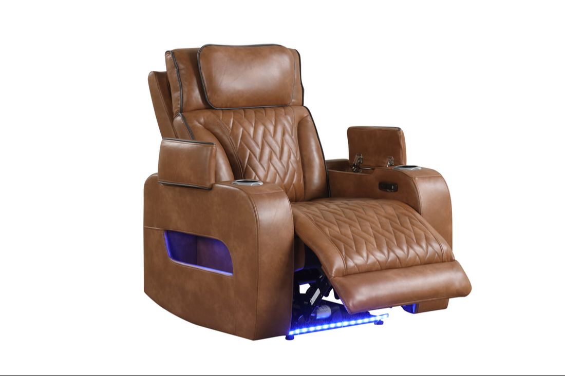 Dubai brown leather power reclining sofa with drop-down table