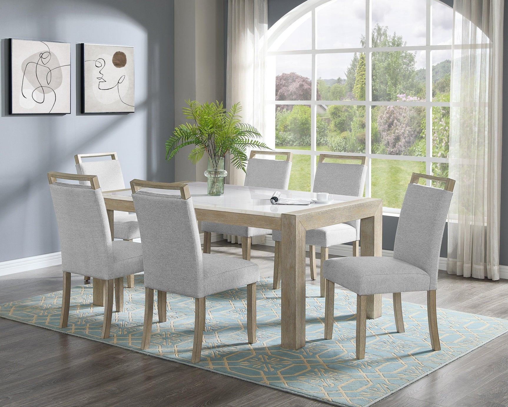 Room view of Dune Beige Gray Fabric Upholstered Dining Room Set in dining area