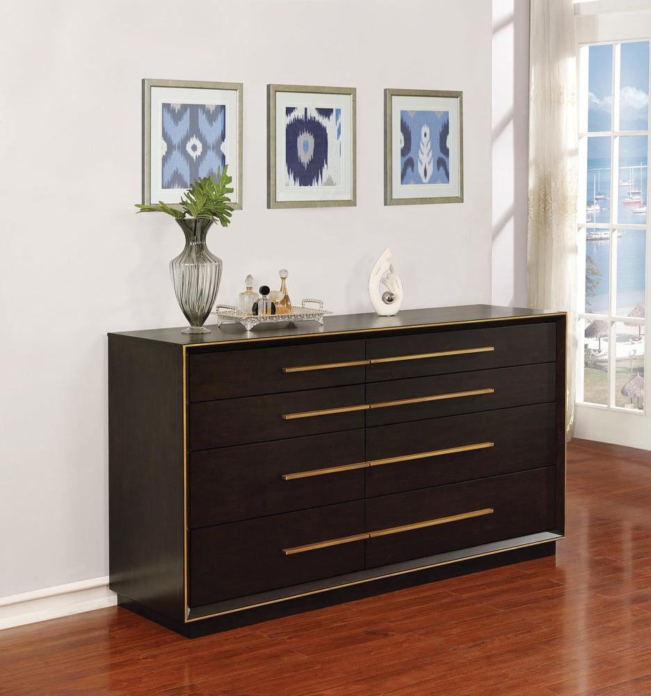 Durango bedroom set with bed, dresser, mirror, and nightstand in smoked peppercorn finish