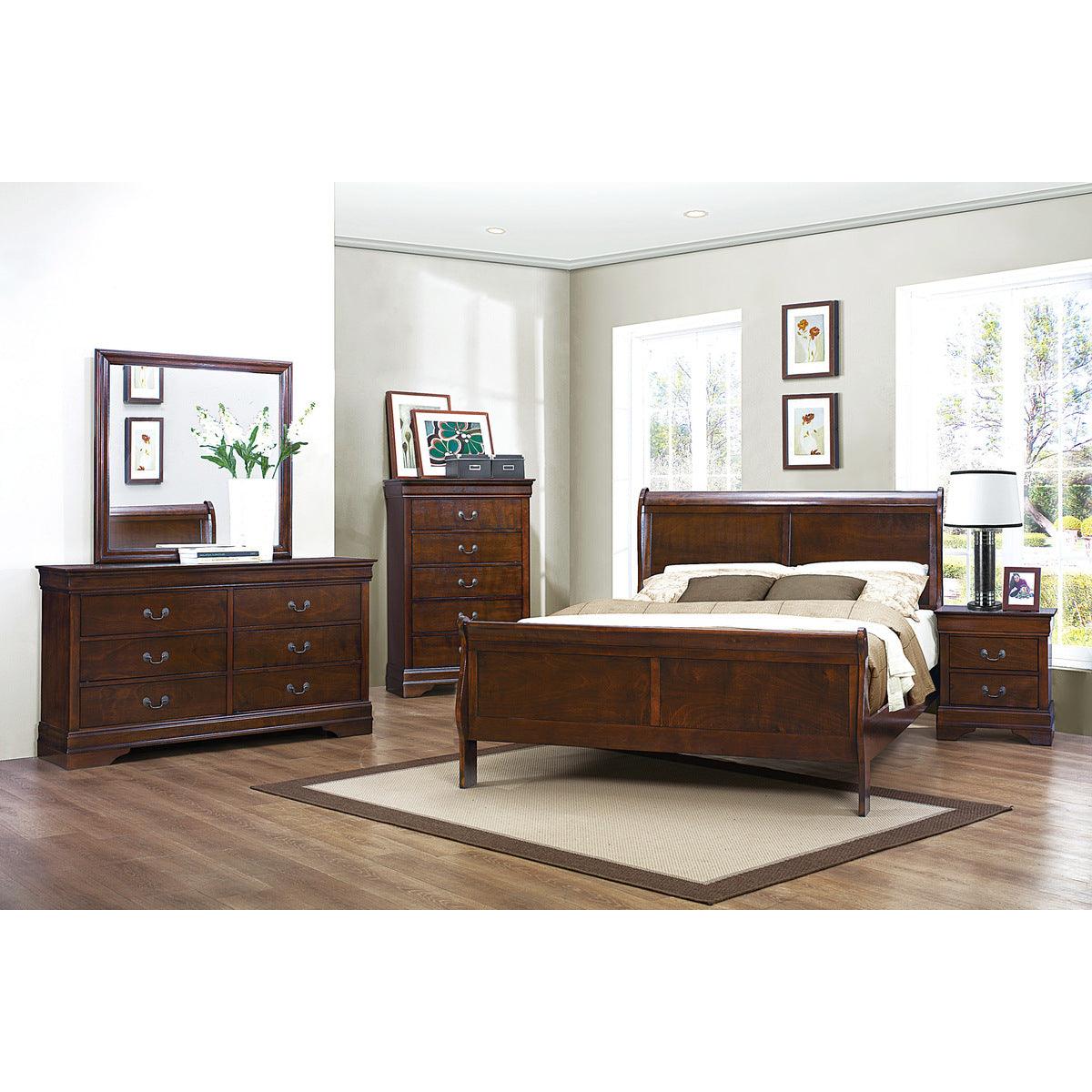 Mayville brown cherry traditional queen sleigh bed angled detail
