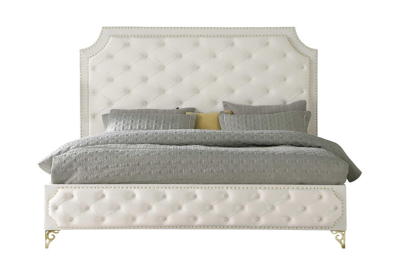 Leilah cream velvet tufted platform queen bed, footboard view