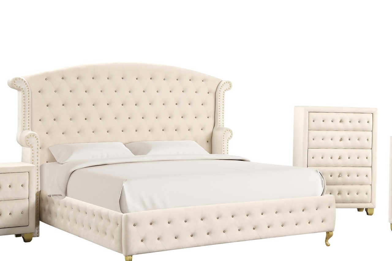 Side angle of Olivia beige king panel bed with wingback headboard
