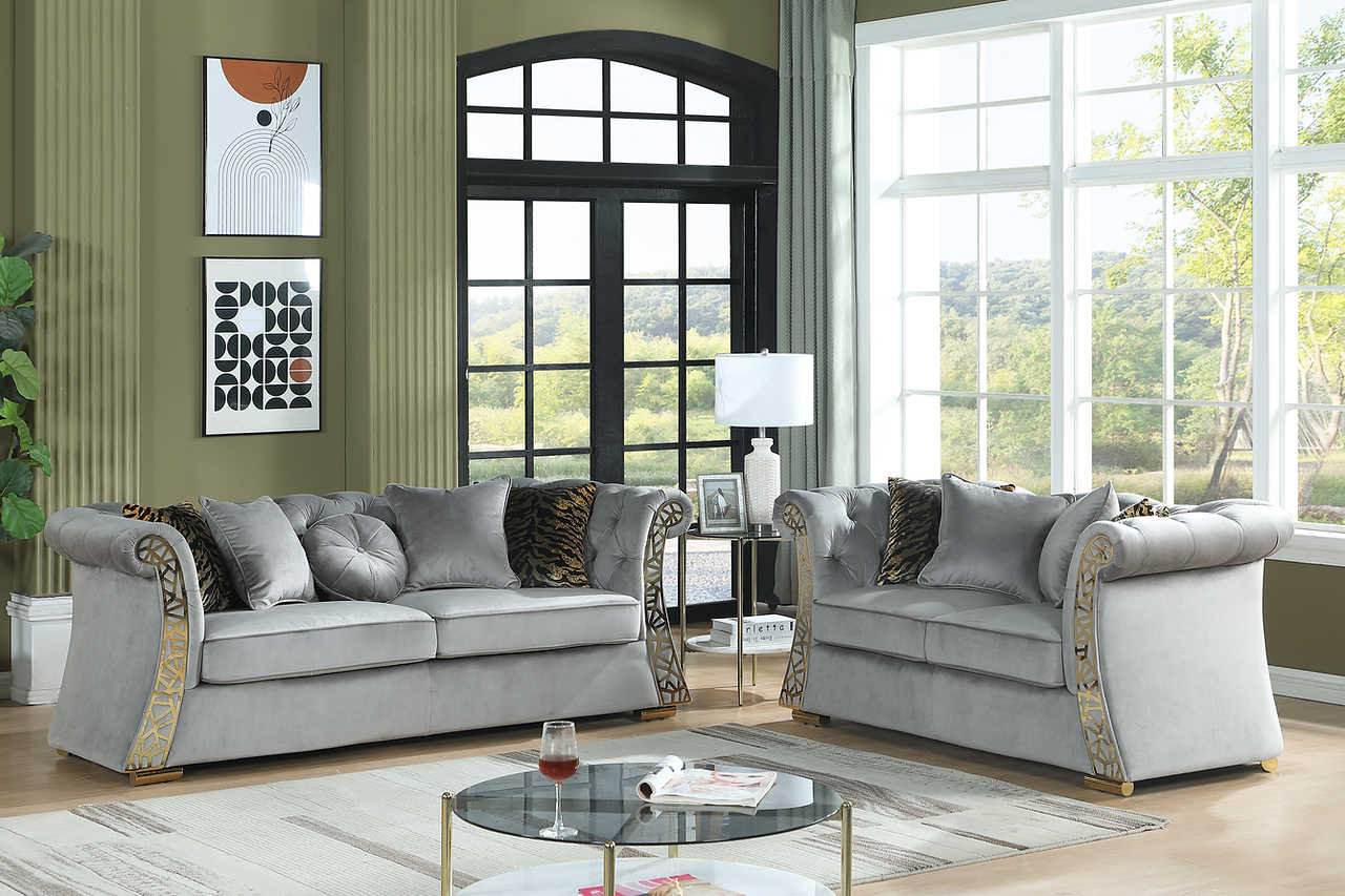 Curamo Grey Velvet Loveseat side view