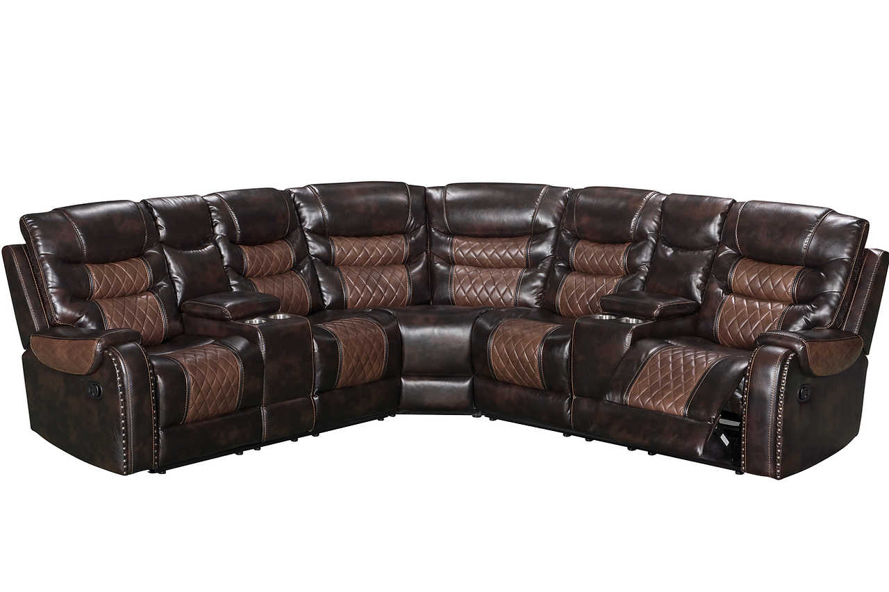 Phoenix II brown upholstered reclining sectional sofa, front view