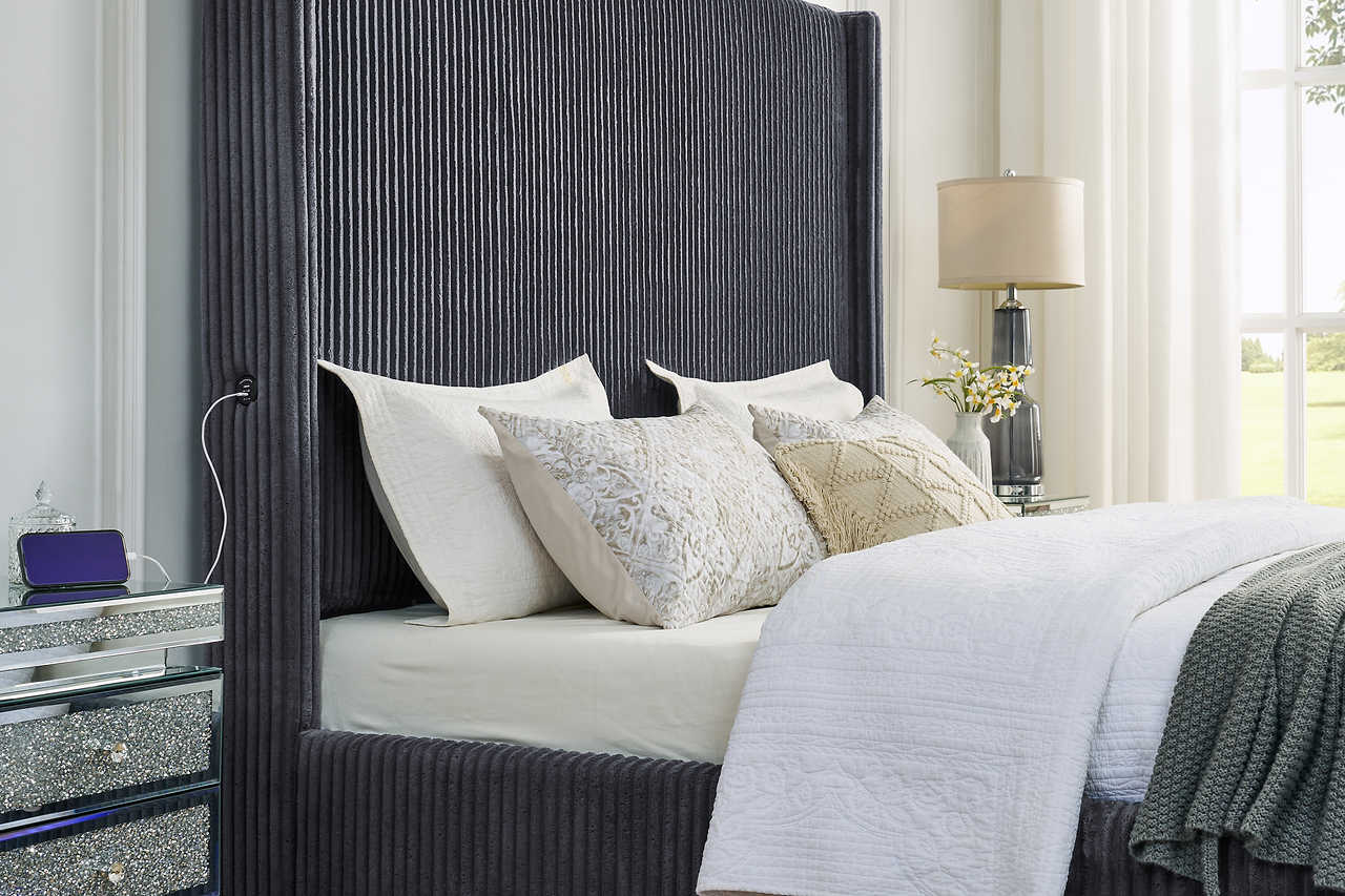 Close-up of grey striped fabric upholstery