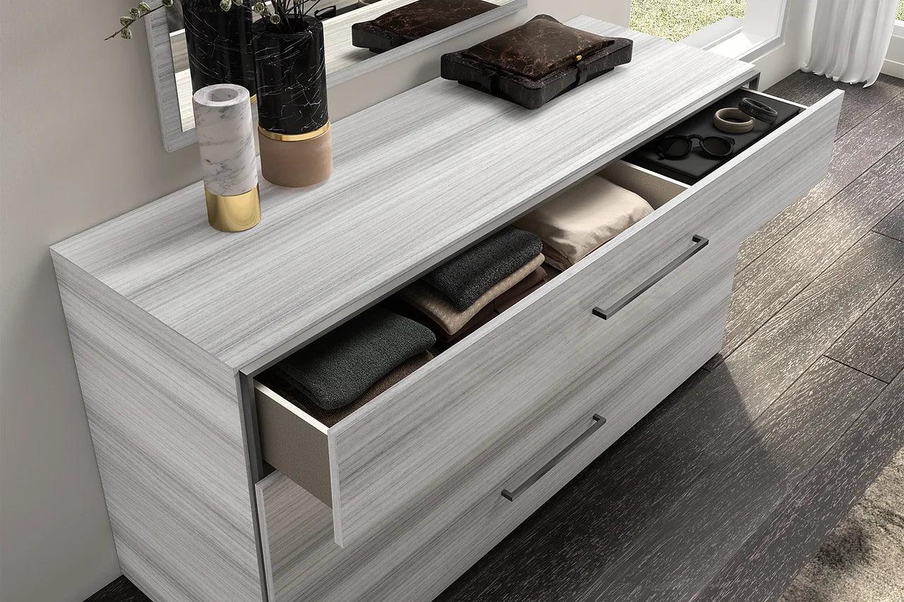 Mia Upholstered Light Gray Modern Acacia Veneer Wood Chest - Top surface