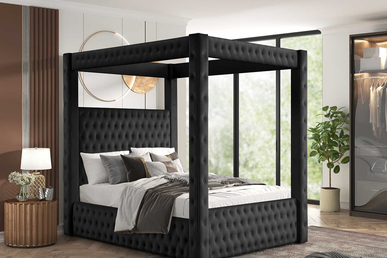 Mansion black upholstered tufted canopy platform king bed, front angle