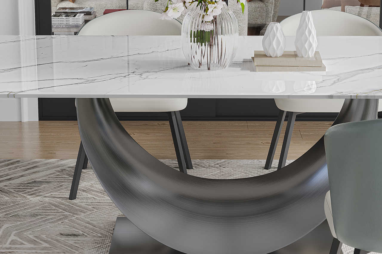 Close-up of Myla dining table glossy white sintered stone surface