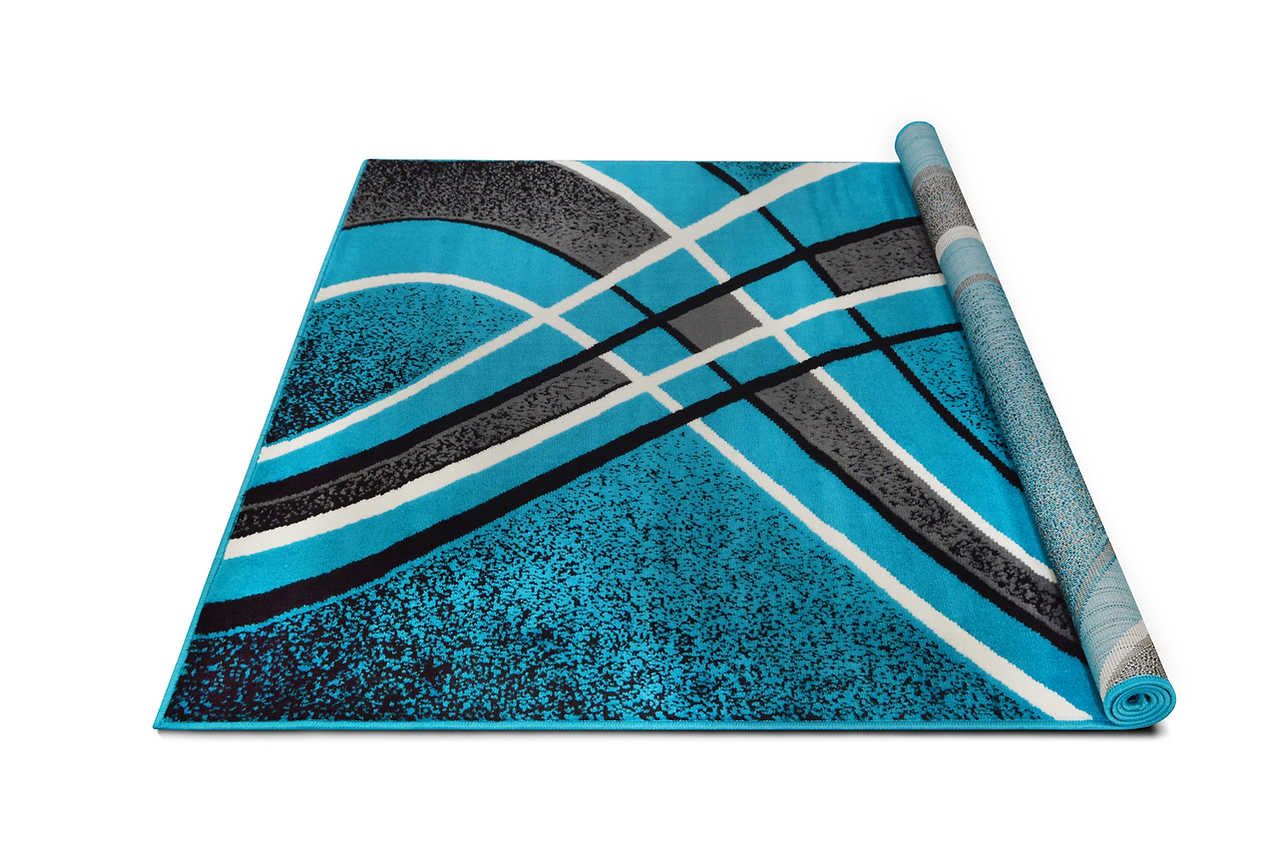 Turquoise area rug detail with shadow