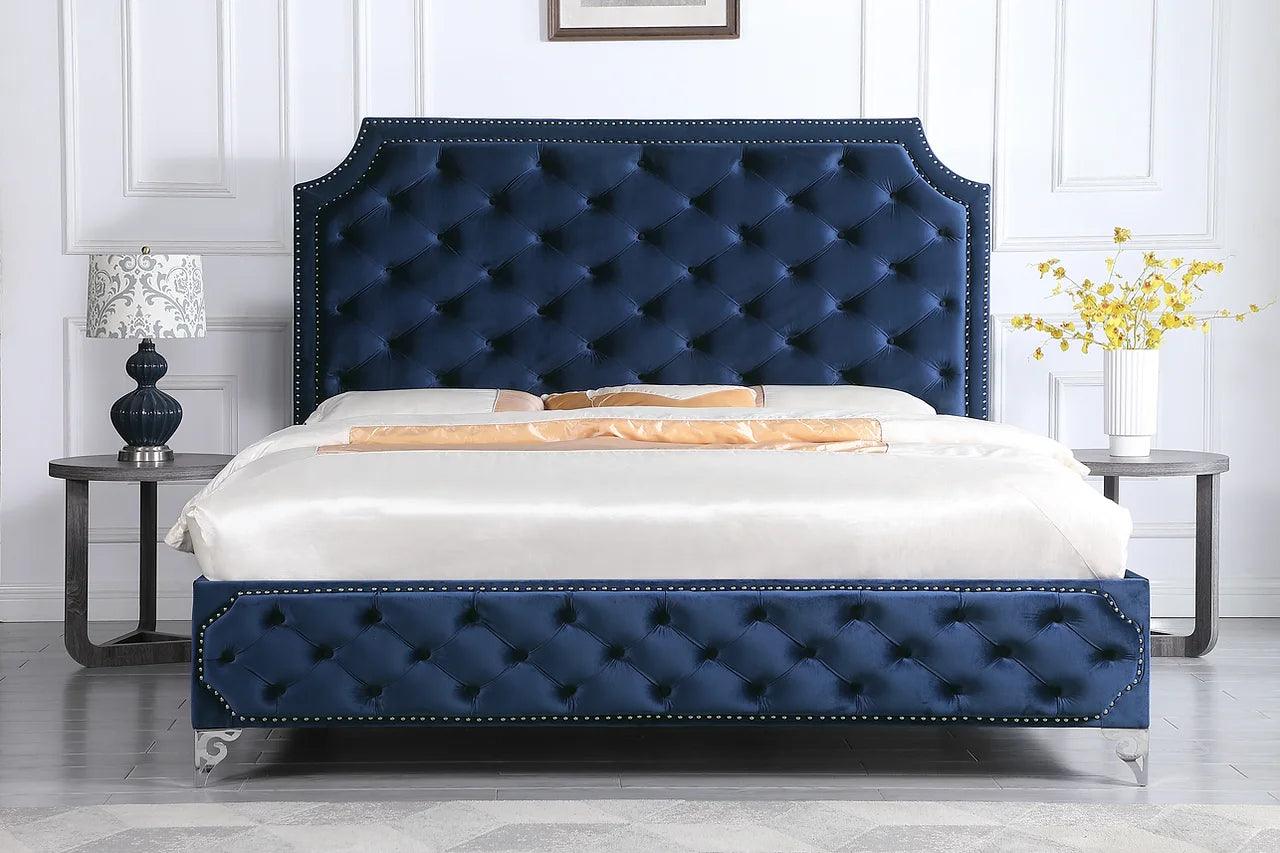 Leilah Blue Velvet Tufted Upholstered Platform Queen Bed side view