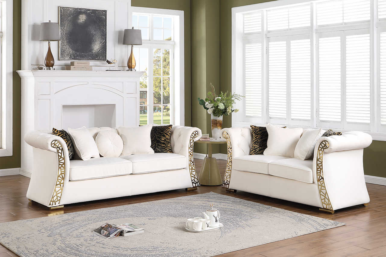 side view of Curamo Cream Velvet Sofa and Loveseat Set