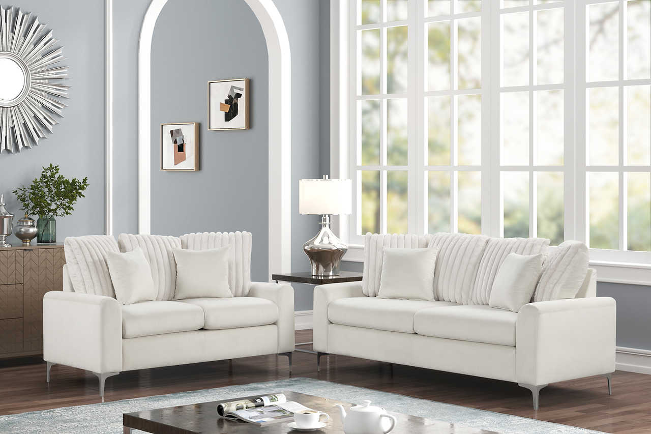 front view of Elina Beige Velvet Sofa and Loveseat set