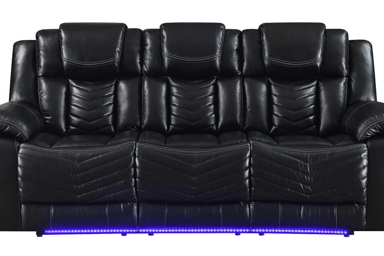 Close-up of loveseat console with speakers and LED light