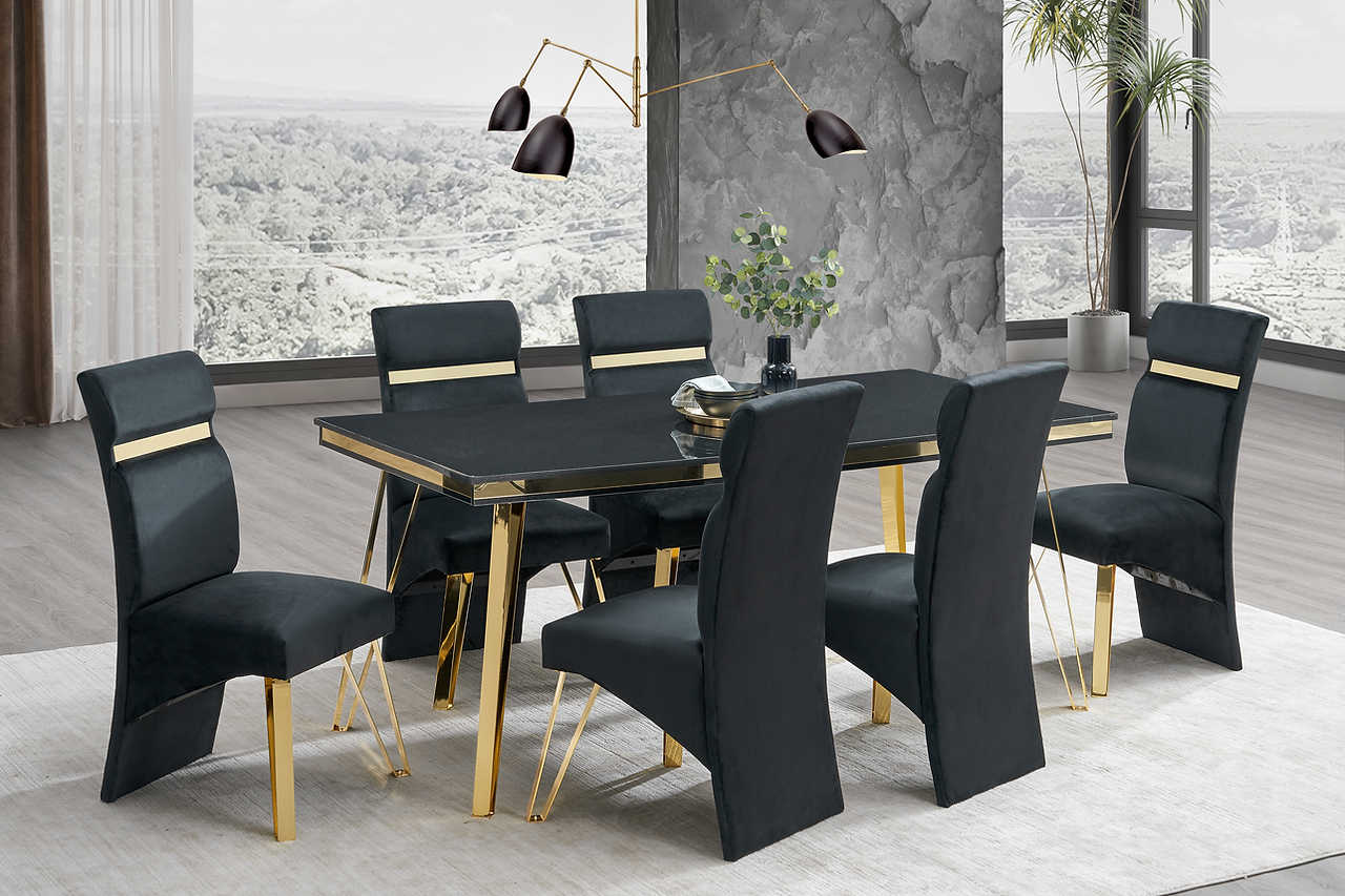 Main view of Midnight Black and Gold Upholstered Dining Set showing table and six chairs