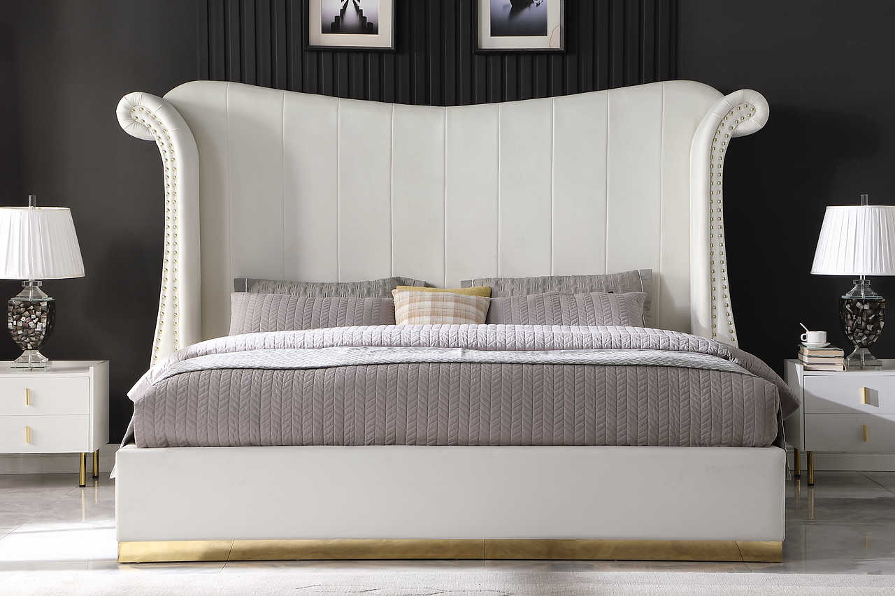 Luna Cream Velvet Upholstered Wingback Platform Queen Bed headboard detail