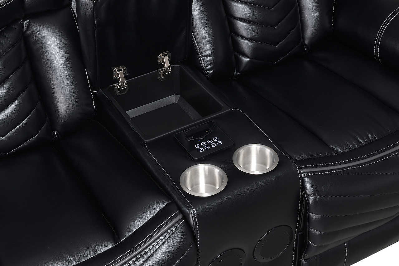 Power reclining loveseat with console, speakers, and LED light