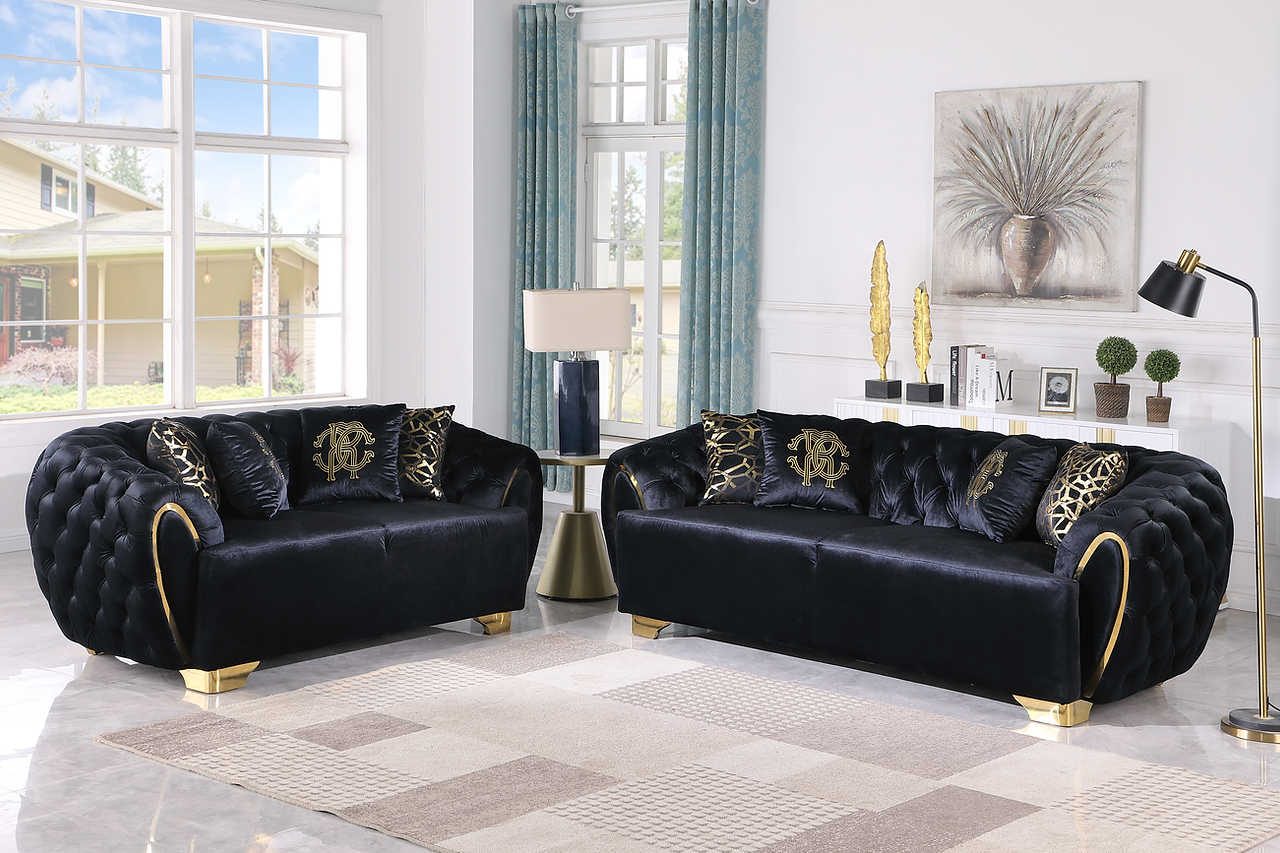 Side view of Mila Black Velvet Sofa and Loveseat set