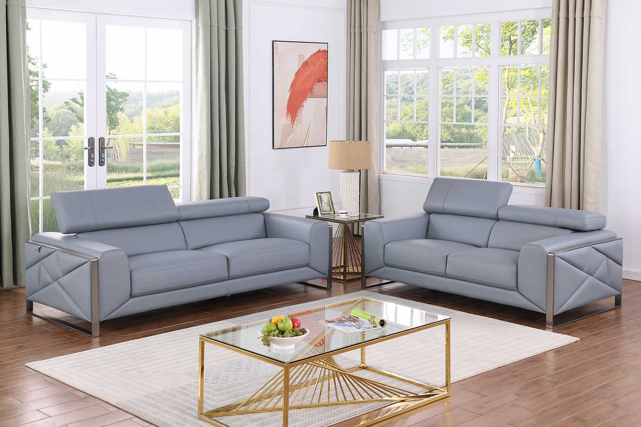 side view of Giorgio Light Blue Italian Leather Sofa