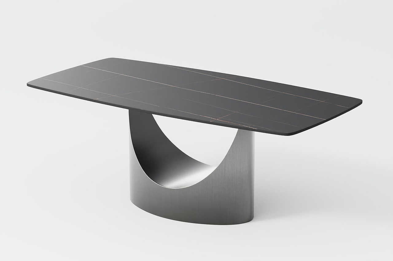 Lexi dining table corner detail of stone top and steel base