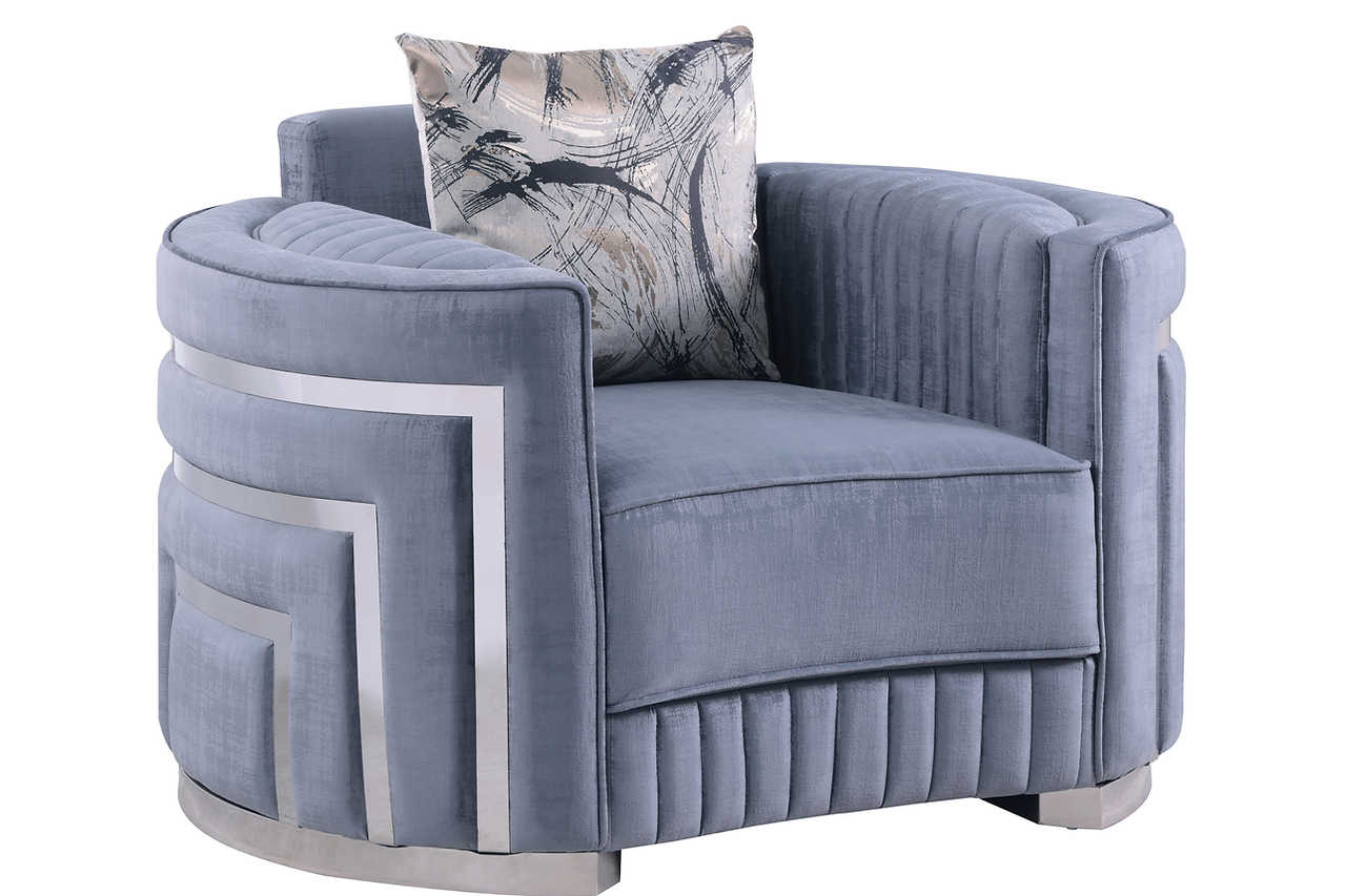 Front view of the full Minerva grey velvet living room set