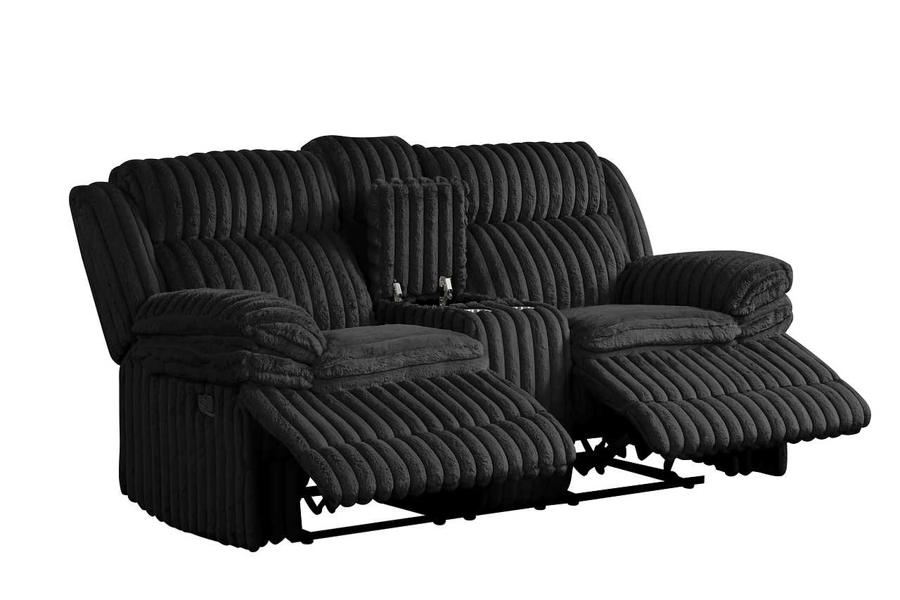 Back view of rocker recliner in thick stripe fabric