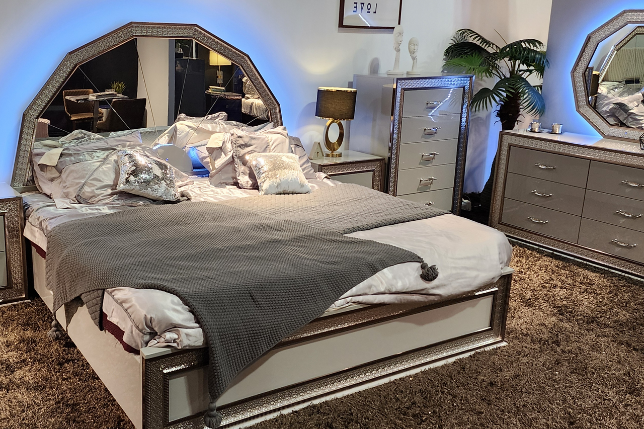 Dubai Metallic Silver LED Panel Bedroom Set main view of bed