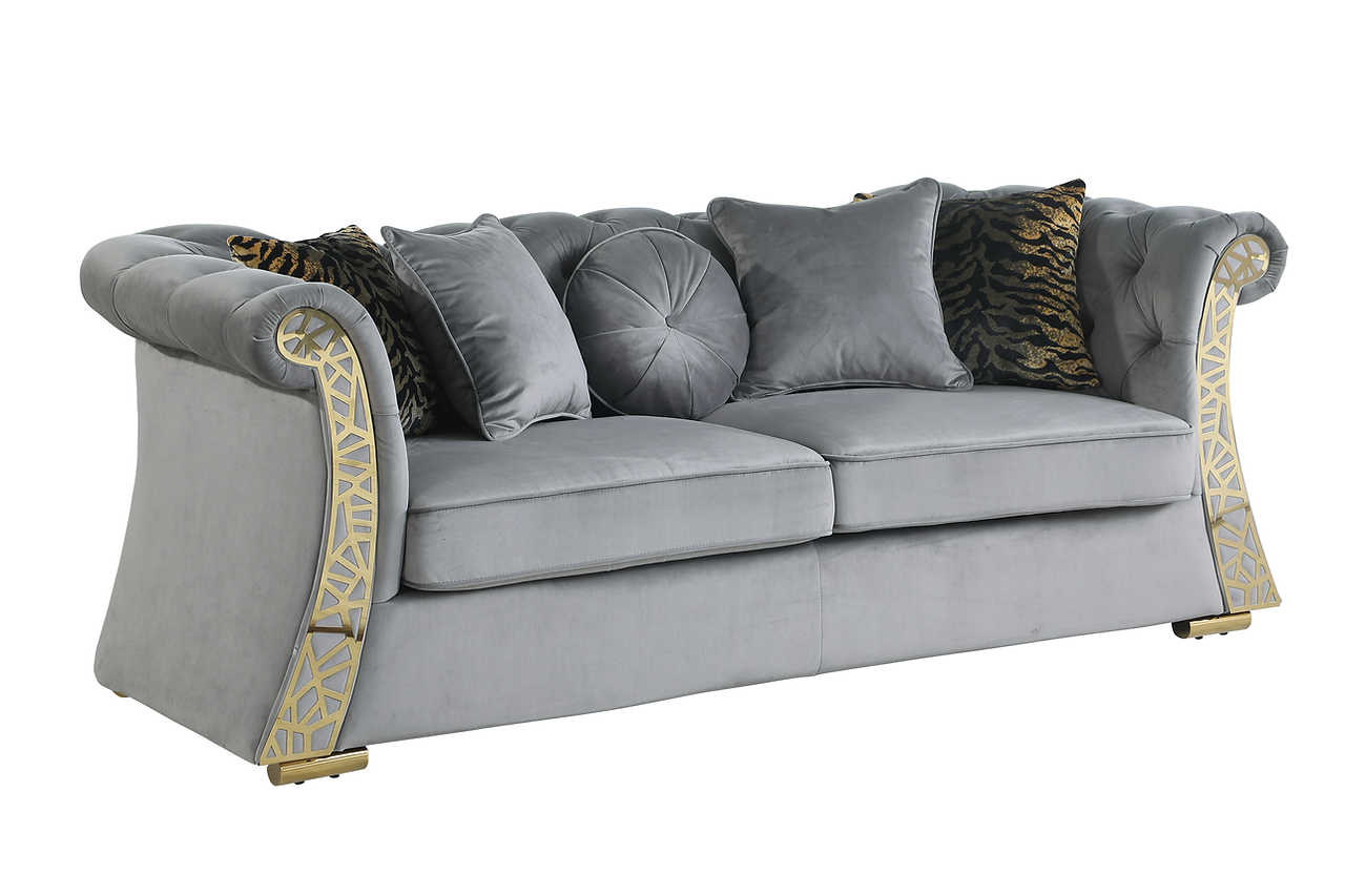 Close-up detail of grey velvet upholstery
