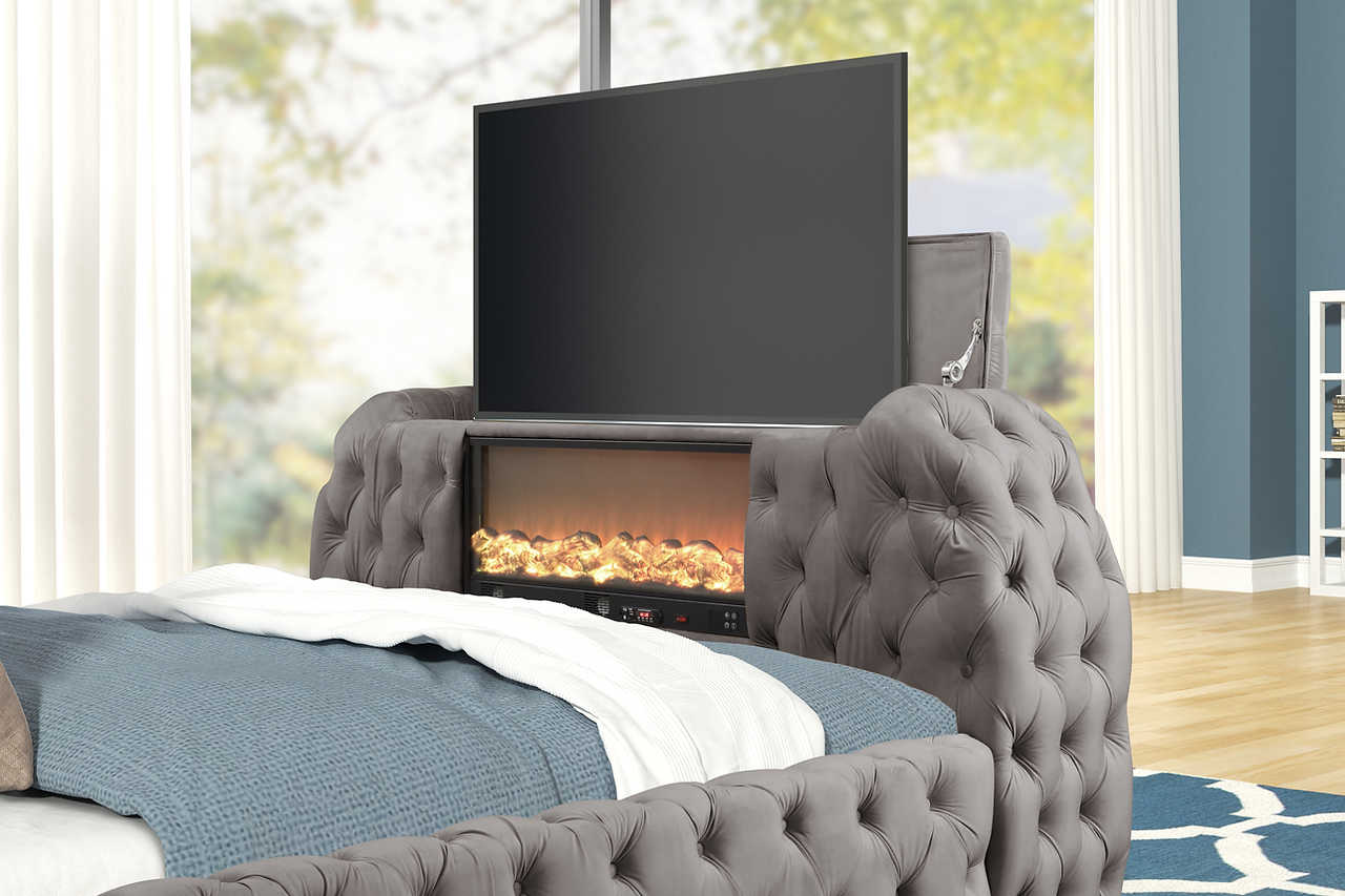 Platform King Bed footboard with LED fireplace and TV stand