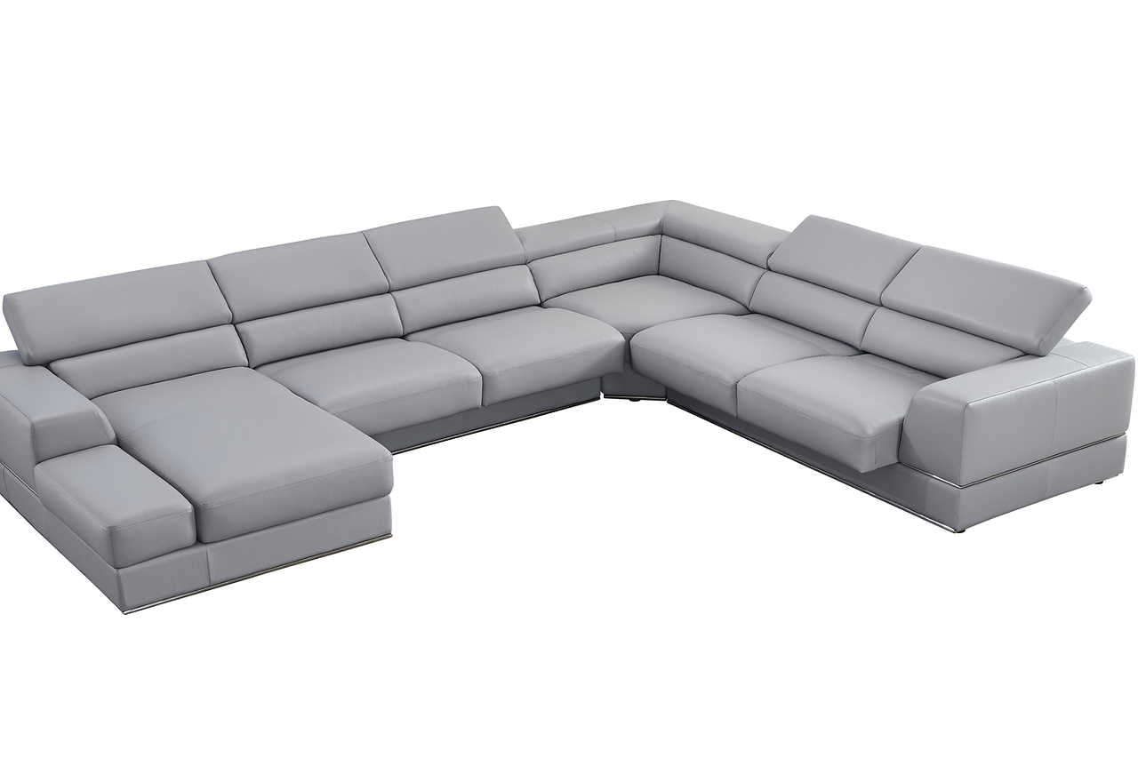 Front view of Pella Light Gray Leather LAF sectional sofa