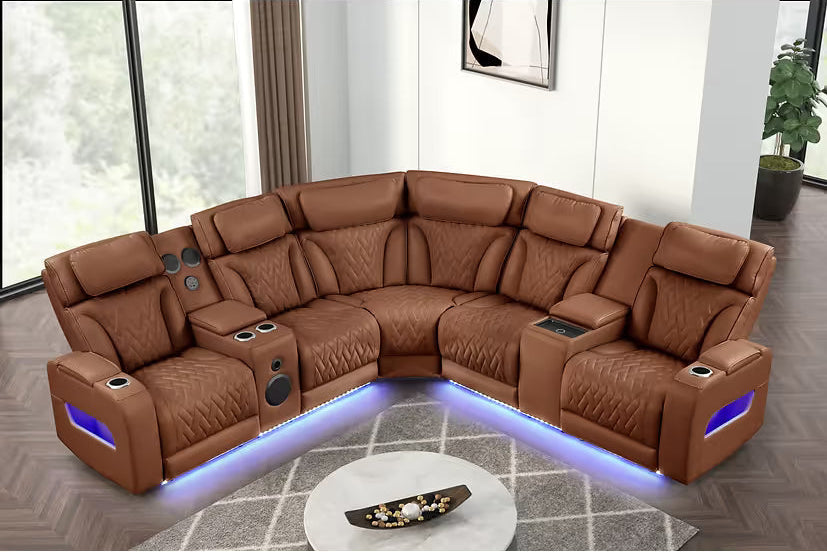 LED lighting feature on Skyline Brown Caramel sectional