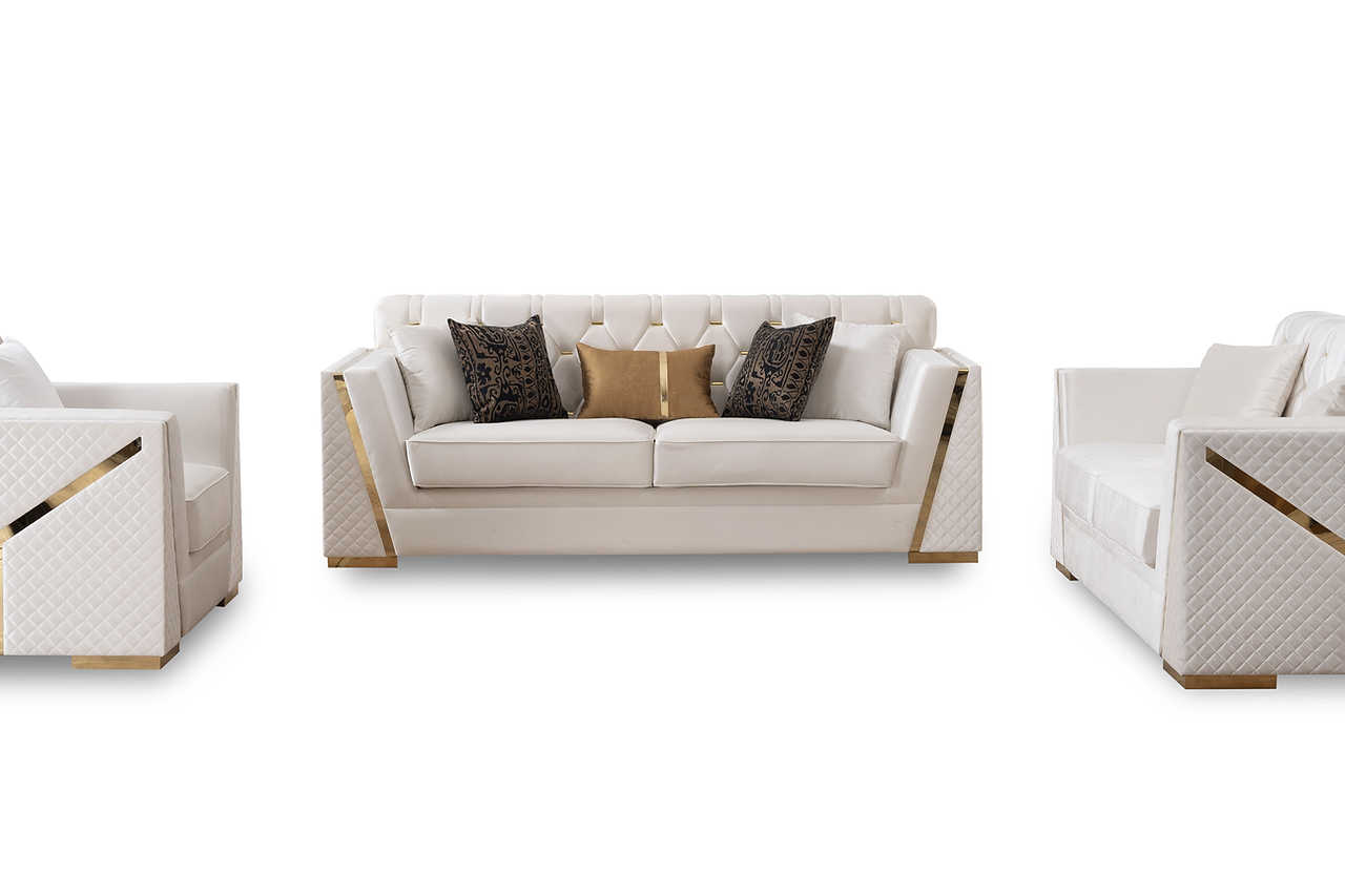 Hilena white velvet sofa and loveseat set angled front